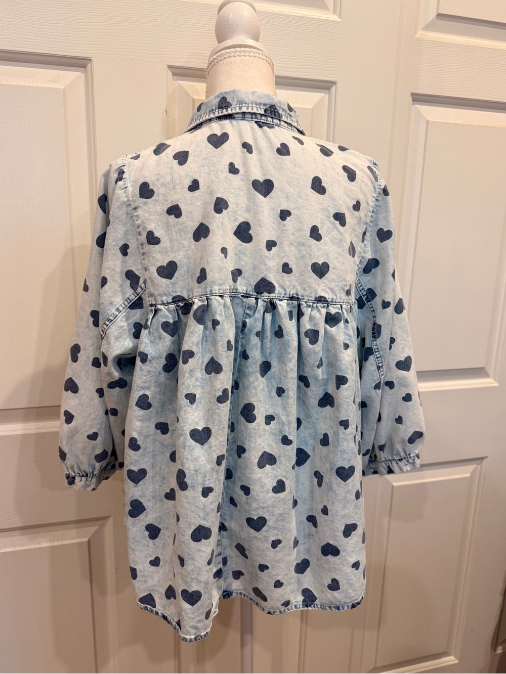 Cato Heart Print Chambray Babydoll Tunic Top Small Blue 3/4 Sleeve - Picture 9 of 9